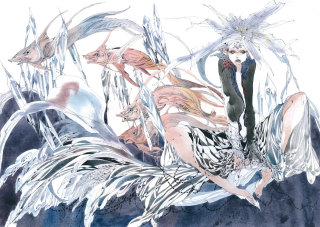Ilustración contemporánea mujer y pez.
