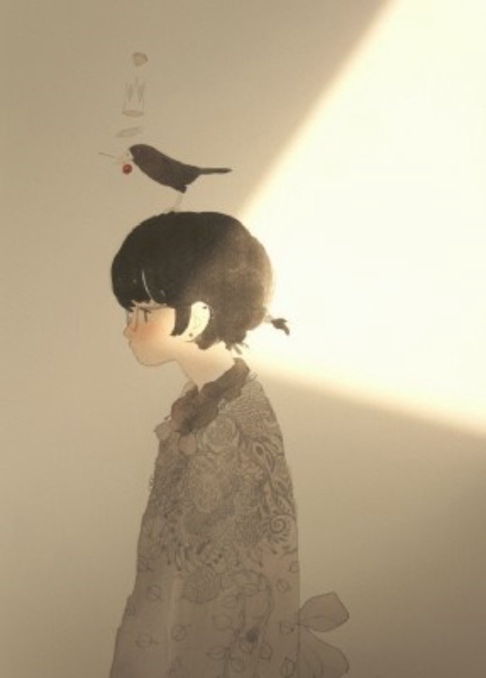 Girl with bird on head
