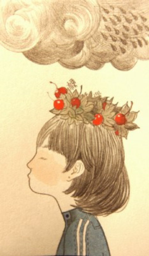Illustration contemporaine fille avec décoration de fruits