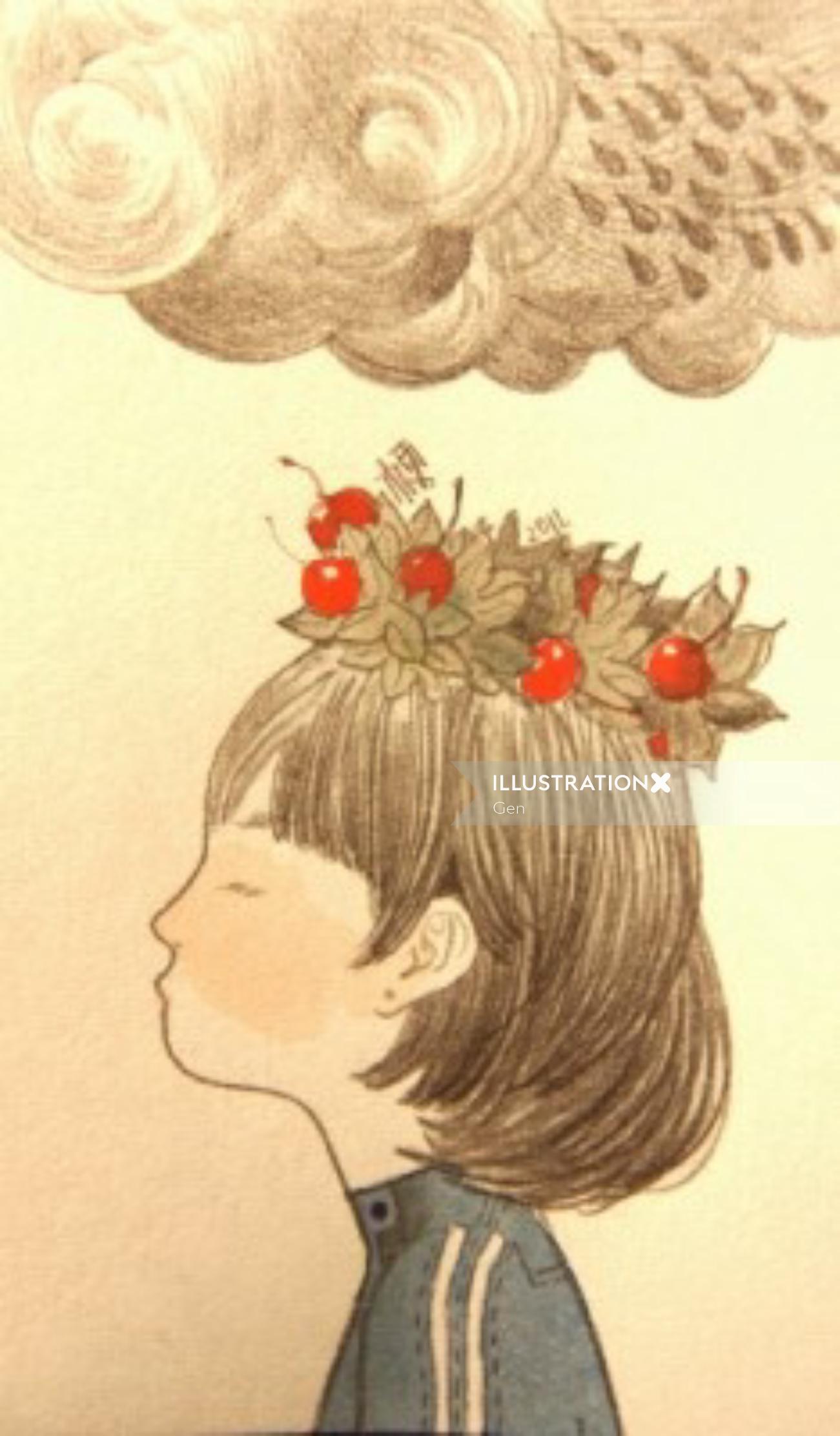 Ilustración Contemporánea Chica con decoración de frutas
