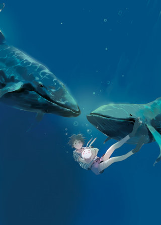 Ilustración contemporánea de niña con ballenas.
