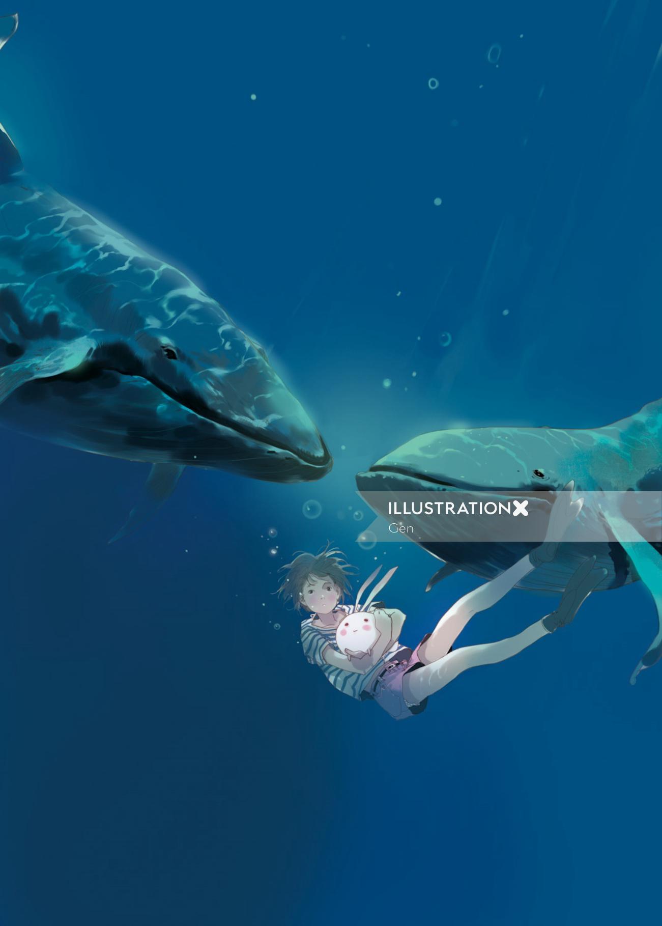 Ilustración contemporánea de niña con ballenas