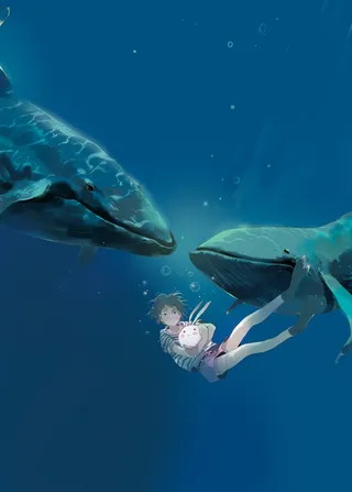 Contemporary illustration of girl with whales
