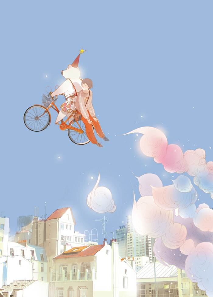 Contemporary illustration flying bear on cycle
