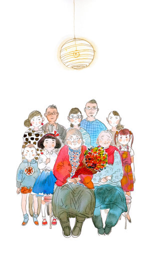 Retrato de família com ilustração contemporânea

