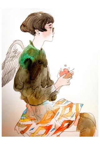 Ilustración contemporánea de niña con alas.

