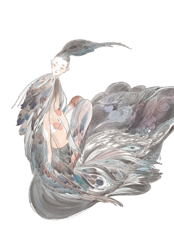 Contemporary illustration woman peacock feathers
