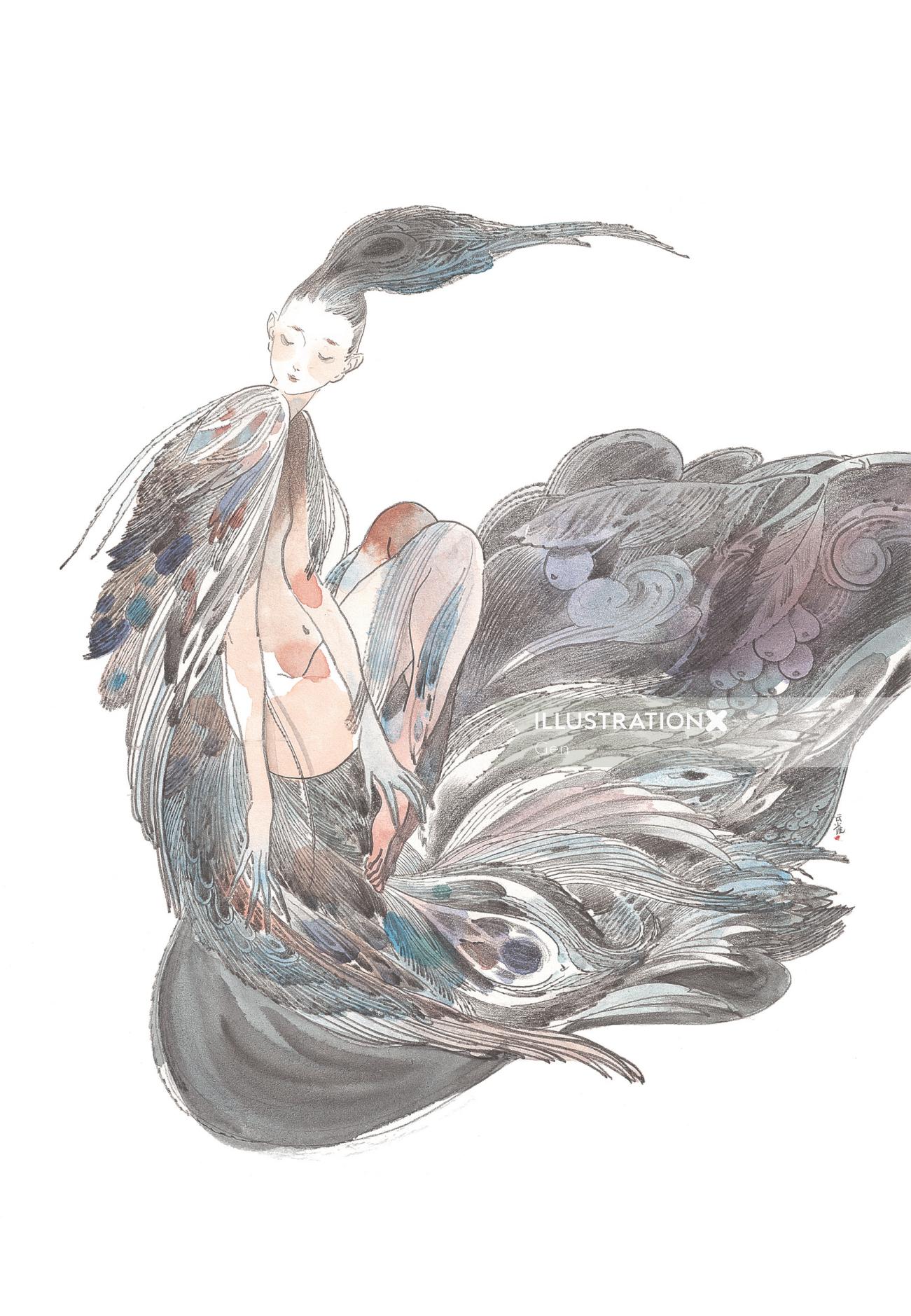 Contemporary illustration woman peacock feathers
