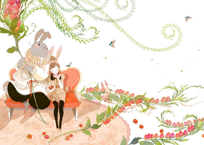Illustration contemporaine de lapin et fille