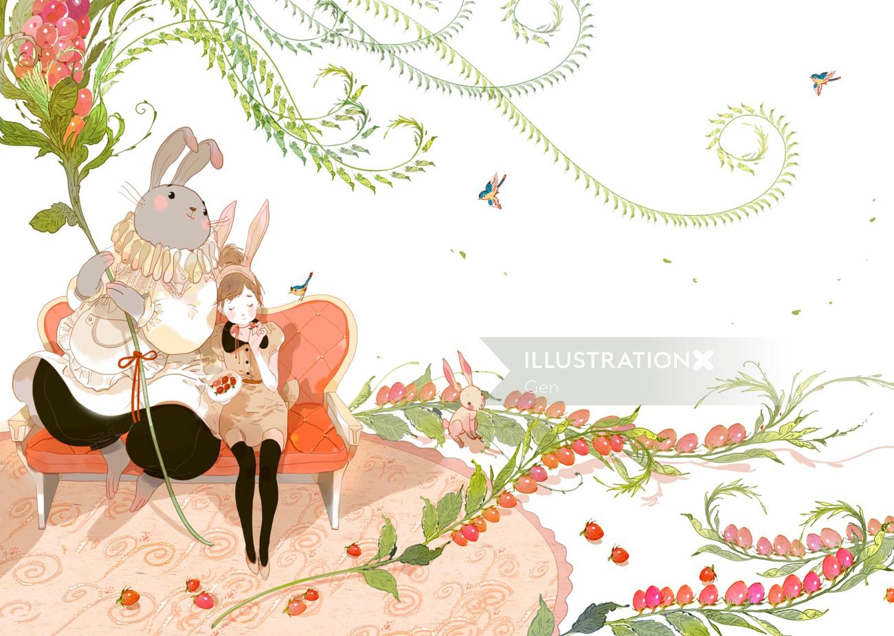 Ilustración contemporánea de conejo y niña