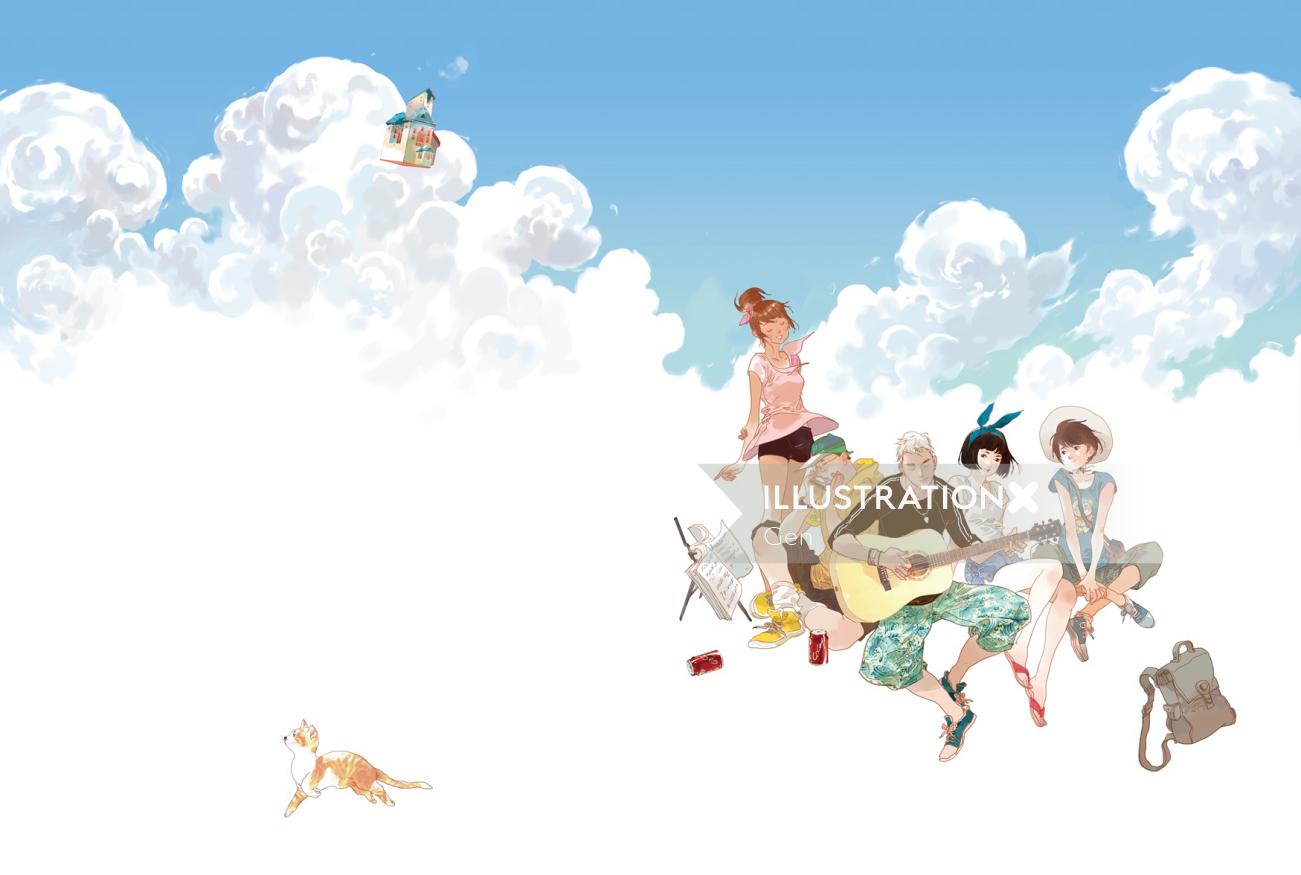 Contemporary illustration girls in cloud
