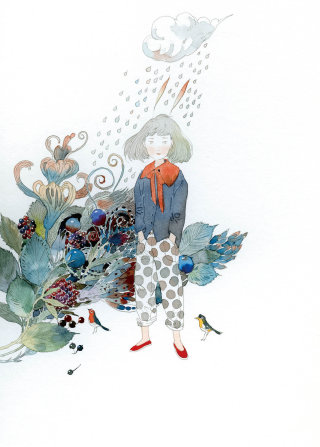 Ilustração contemporânea de frutas, menina e chuva
