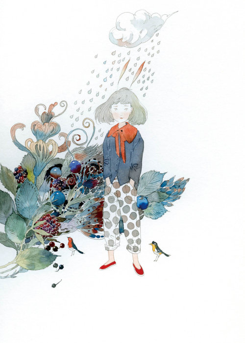 Contemporary illustration of fruits girl and rain
