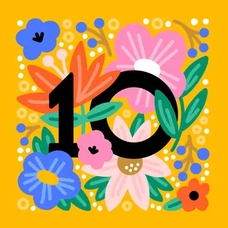 Number 10 with colorful flowers and green leaves on bright yellow background