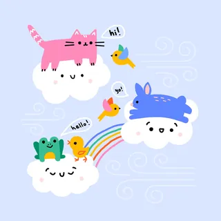 Cute animals on clouds with birds saying hi and hello