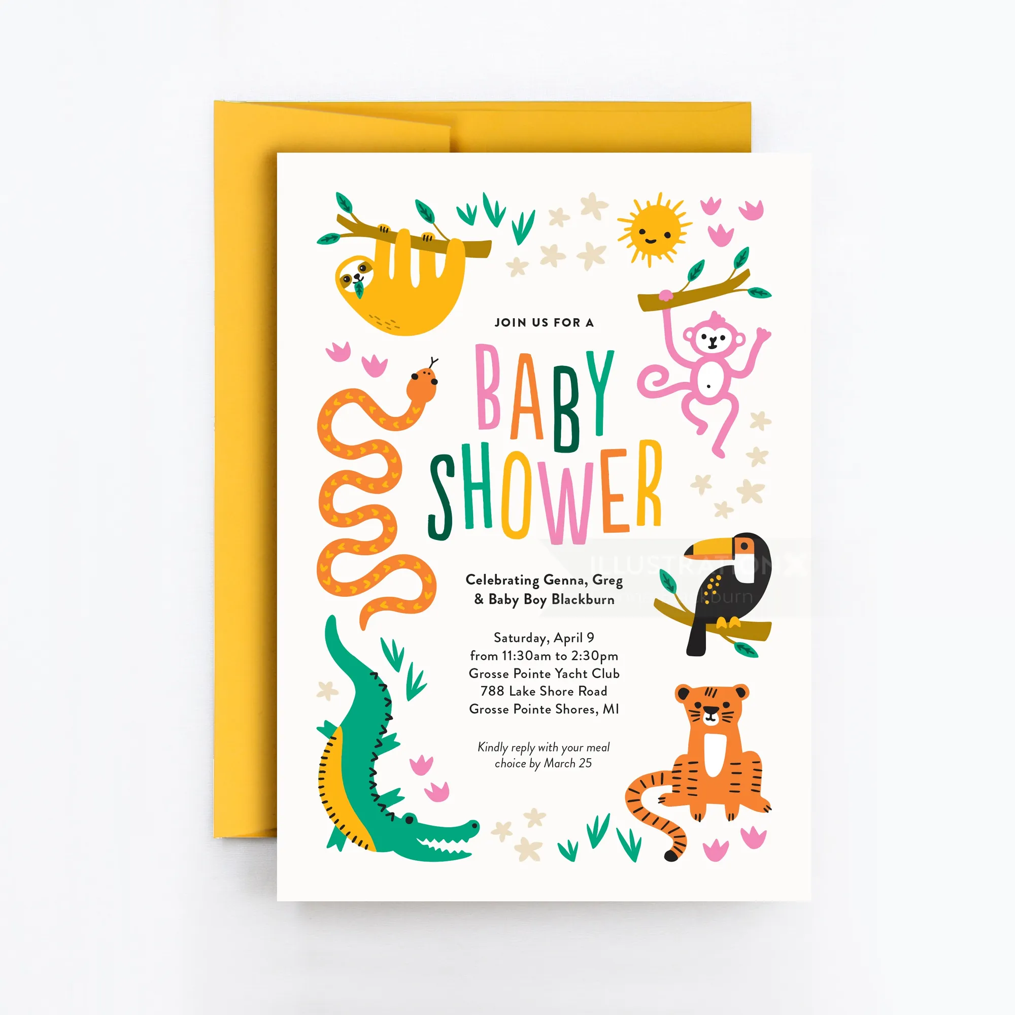 Einladungskarte zur Babyparty mit Comic-Tieren und farbenfrohem Text