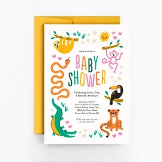 Baby shower invitation card with cartoon animals and colorful text