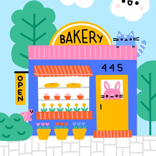 Bright bakery shop with happy sun, clouds, cat, rabbit, and flowers