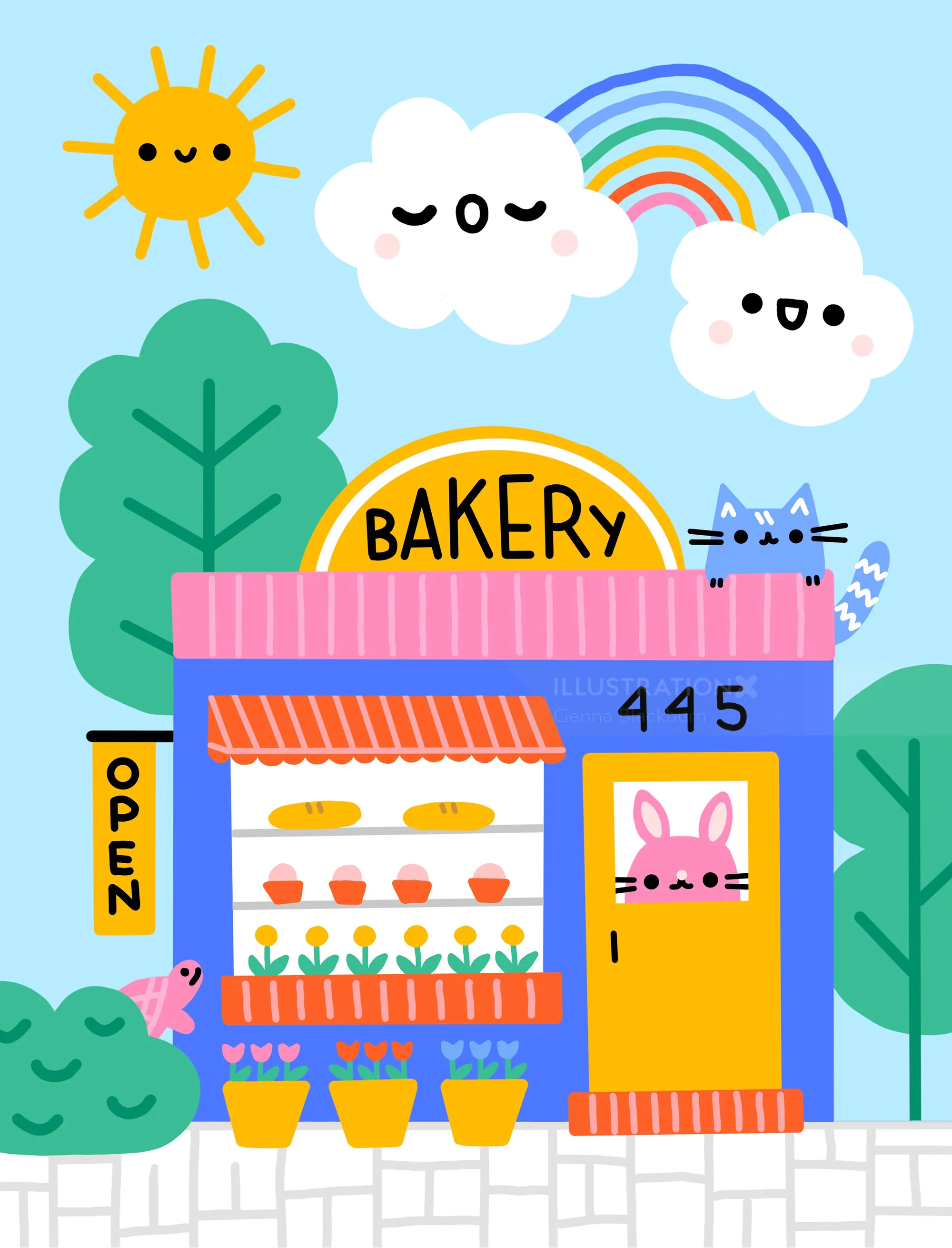 Colorful bakery with smiling clouds, sun, rainbow, cat, and bunny by Genna Blackburn