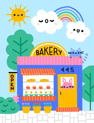 Bright bakery shop with happy sun, clouds, cat, rabbit, and flowers