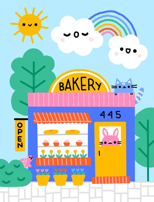 Bright bakery shop with happy sun, clouds, cat, rabbit, and flowers