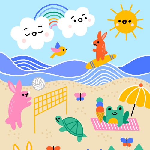 Cartoon animals enjoying sunny beach with volleyball, sandcastle, and ice cream