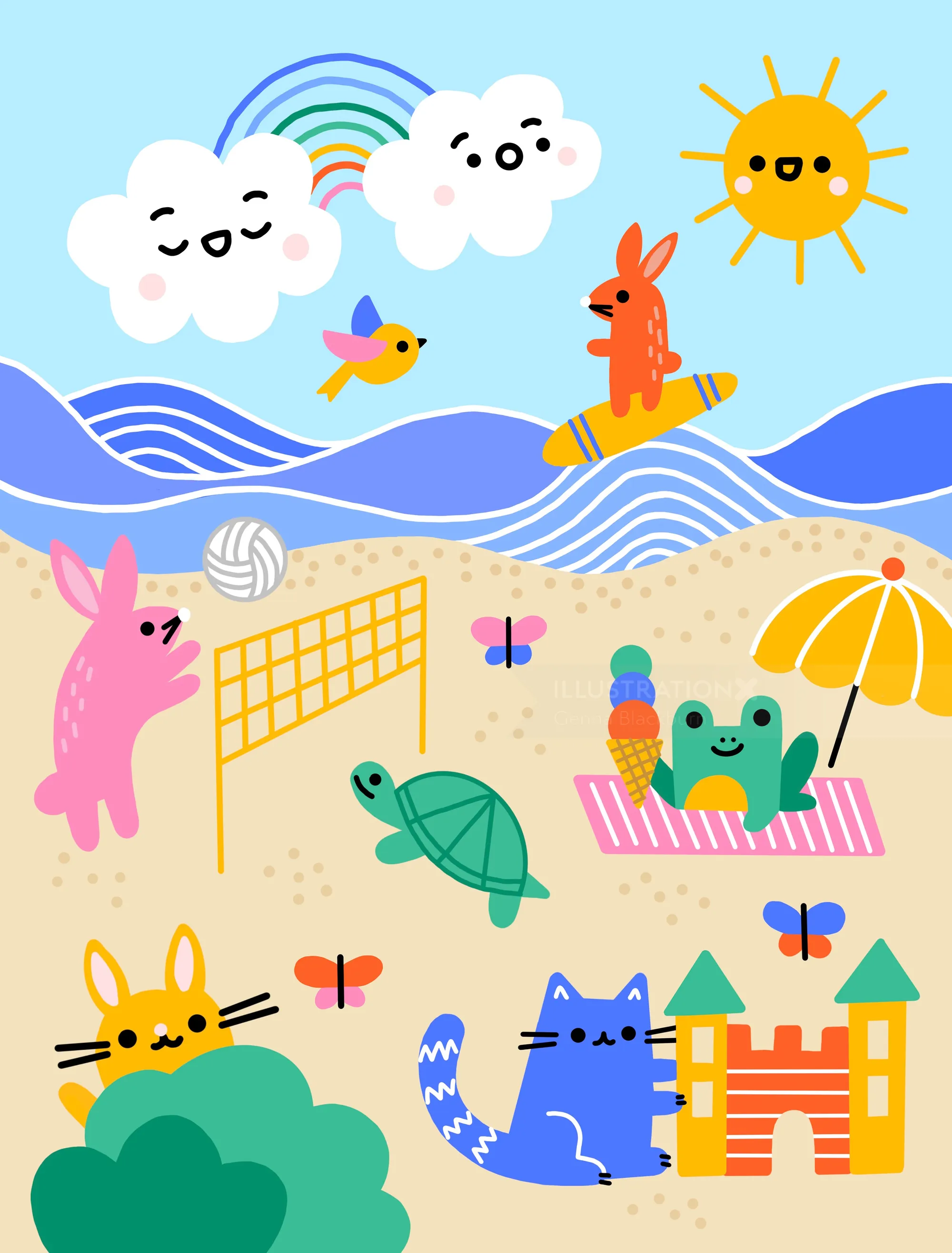 Zeichentricktiere genießen den sonnigen Strand mit Volleyball, Sandburgenbau und Eiscreme.