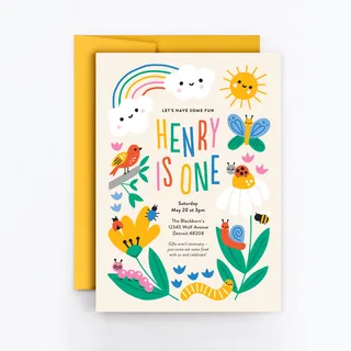 First birthday party invitation with flowers, rainbow, sun, butterfly, and cute bugs
