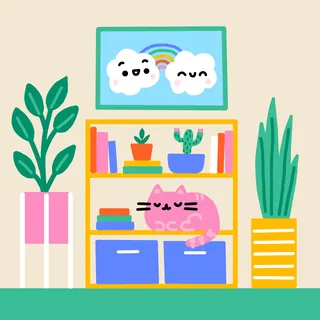 Pink cat sleeping on bookshelf with plants and smiling cloud picture
