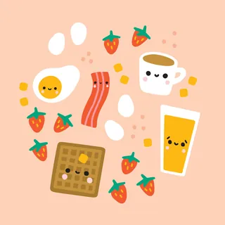 Smiling breakfast foods including eggs, bacon, strawberries, waffle, coffee, and orange juice