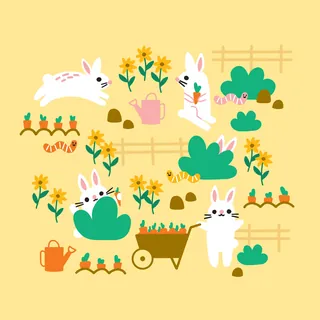 Illustration of playful rabbits and garden flowers with watering cans