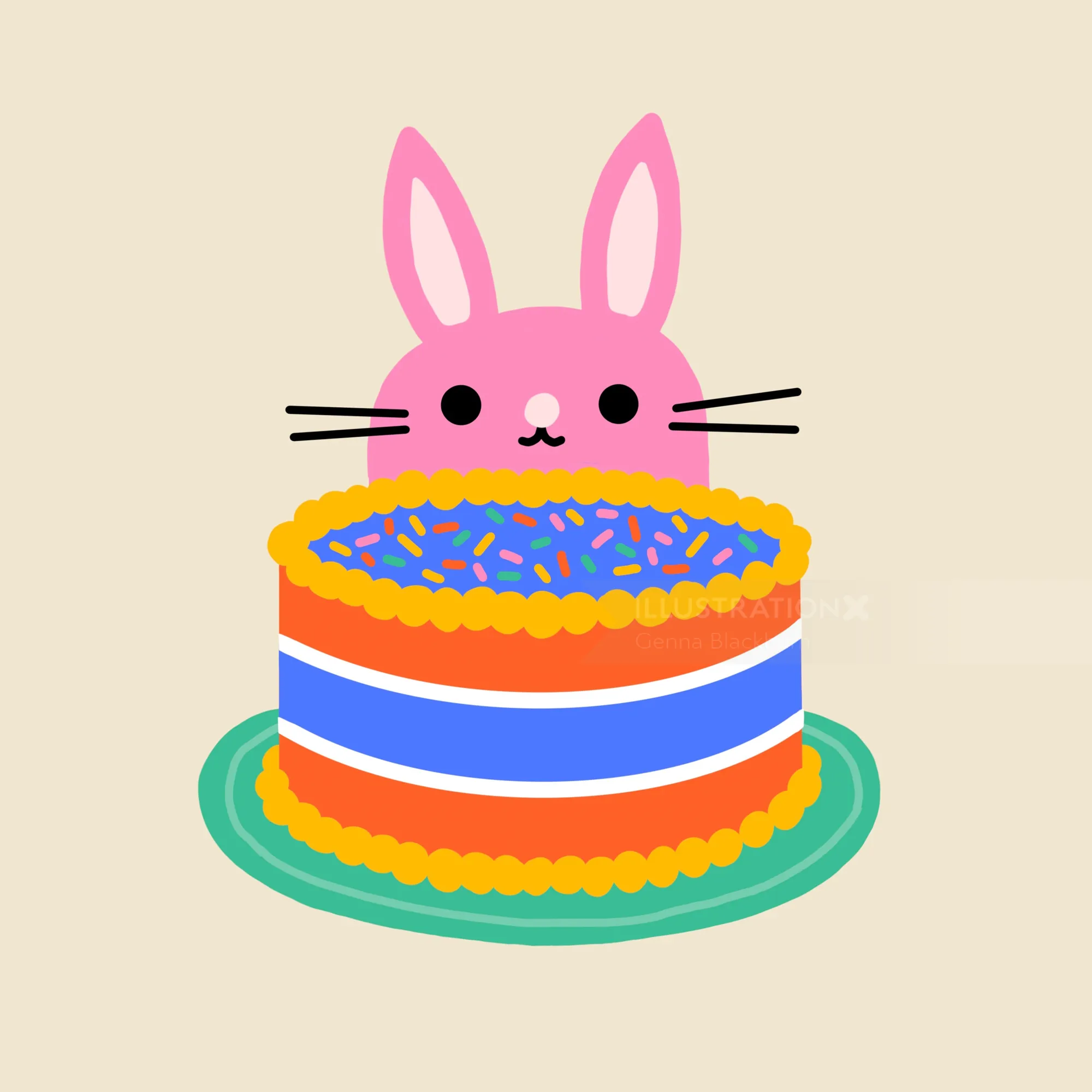 Ein rosa Häschen lugt über eine mehrschichtige Torte mit blauer, weißer und orangefarbener Glasur.