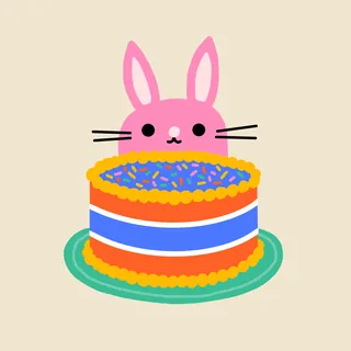 Pink bunny peeking over layered cake with blue, white, and orange icing