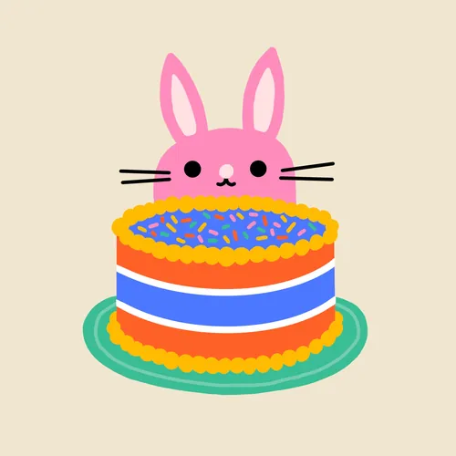Pink bunny peeking over layered cake with blue, white, and orange icing