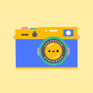 Smiling camera with bright blue, yellow, and pink colors