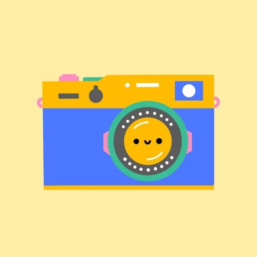 Smiling camera with bright blue, yellow, and pink colors