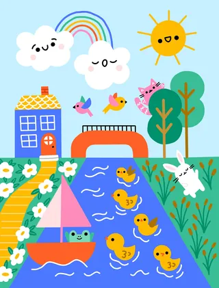 Cartoon river with ducks, sailboat, house, trees, sun, rainbow, and bunny