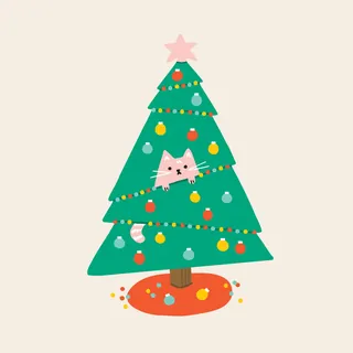 Cat peeking from inside a decorated Christmas tree with ornaments.
