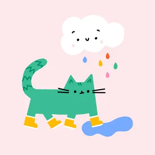 Green cat in yellow boots walking under a cloud with colorful raindrops