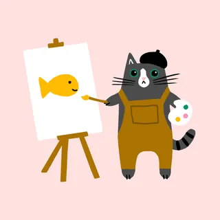 Cat wearing beret painting yellow fish on easel