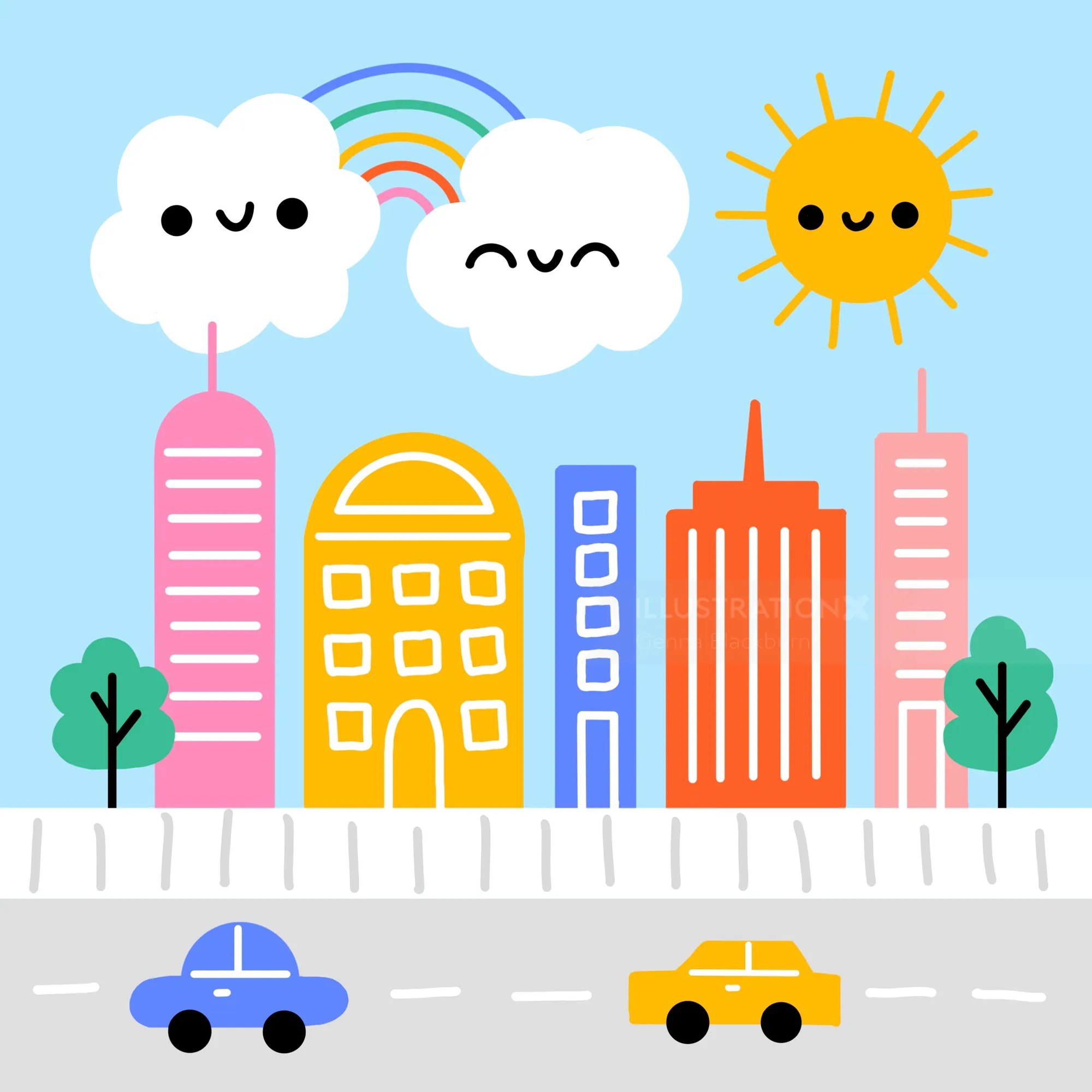 Sol sonriente y nubes sobre edificios coloridos de la ciudad y coches en la carretera.