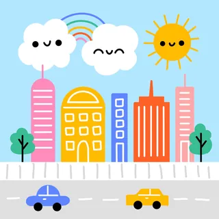 Smiling sun and clouds over colorful city buildings and cars on road.