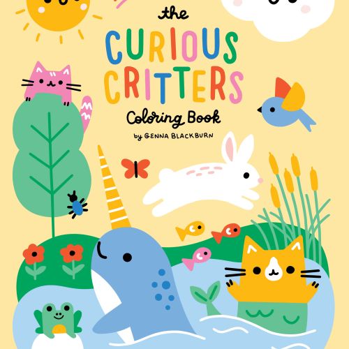 Cute animals including a cat, rabbit, fish, frog, and dolphin with sun and cloud