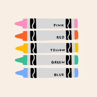 Five crayons labeled pink, red, yellow, green, and blue