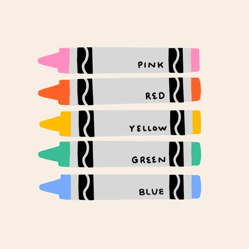 Five crayons labeled pink, red, yellow, green, and blue