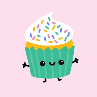 Smiling cupcake with white frosting and colorful sprinkles