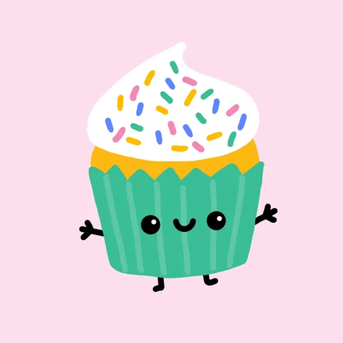 Smiling cupcake with white frosting and colorful sprinkles