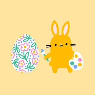 Cartoon bunny painting a decorated floral Easter egg