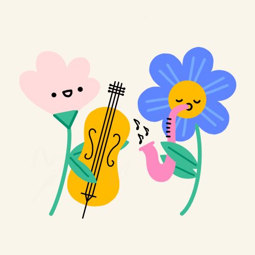 Cartoon flowers playing cello and saxophone with happy expressions