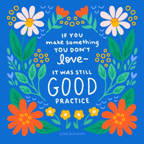 Floral illustration with quote about love and practice on blue background.